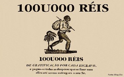 Anúncio que oferecia recompensa por recuperação de escravos fugitivos.
<br></br>
Palavras-chave: relações de poder, relações culturais, escravidão, Brasil.