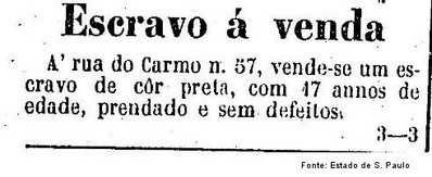 
Escravo  venda.  rua do Carmo, 57, vende-se um escravo de cor preta, com 47 anos de idade, prendado e sem defeitos.

Publicado dia 4 de janeiro de 1881.
<br><br/>
Essa imagem pode ser usada no contedo bsico trabalho escravo e trabalho livre para discutir a condio do cativo no pas.
<br><br/>
Palavras-chave: relaes de trabalho, Brasil, escravido, Paran.