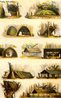 Pintura do artista francês Jean-Baptiste Debret (1768-1848) de 1834, retratando vários tipos de habitações indígenas no Brasil. Mostra a diversidade cultural dos indígenas brasileiros.<br></br>  Palavras-chave: arte, indígenas, Brasil, Debret.