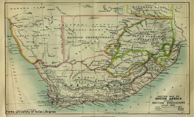 Mapa da África do Sul do fim do século XIX quando o território era uma colônia britânica. Durante o conjunto de eventos denominados como Imperialismo, a Inglaterra e a França dominaram grande parte do continente africano.
<br><br/>
Palavras-chave: imperialismo, África do Sul, Inglaterra, fronteiras, dominação.