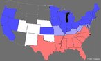 Mapa dos EUA durante a Guerra da Secesso. A Guerra de Secesso ou Guerra Civil Americana foi uma guerra civil ocorrida nos Estados Unidos da Amrica entre 1861 e 1865. Foi o conflito que causou mais mortes de norte-americanos, cerca de 3% da populao americana  poca. Imagem dos estados Unidos dividido durante a Guerra Civil Americana. Em azul, esto os estados da Unio, em vermelho, estados da Confederao, em azul claro, estados escravistas que mantiveram-se do lado da Unio, e em branco, territrios que seriam posteriormente elevados  categoria de estado. <br><br/> Palavras-chave: relaes culturais, relaes de poder, EUA, guerra.