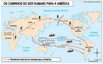 Possveis rotas de chegada do homem  Amrica. Mapa da editora Moderna. <br><br/> Palavras-chave: pr-histria, relaes culturais, migraes, Amrica. 