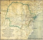 Este mapa teve a finalidade de definir as querelas territoriais com o Estado de Santa Catarina. Feito sob a superviso de Romrio Martins, presidente  poca do Instituto Histrico e Geogrfico do Paran (IHGB). Estas querelas s seriam resolvidas em 1916 com o fim da Guerra Sertaneja do Contestado. <br><br/> Palavras-chave: histria, Paran, mapa, divisas.