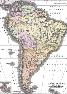 No século XIX a América do Sul vivenciou um massivo processo de independências. A maior parte dos países tornaram-se nações livres. Este mapa mostra como era a divisão política no fim deste século.
<br><br/>
Palavras-chave: mapa, América do Sul, independências, século XIX. 